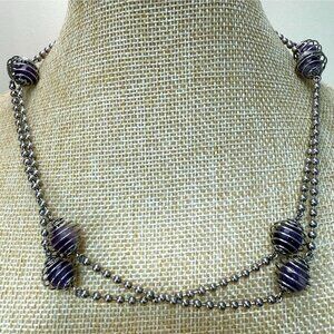 Vintage MILOR Italy Necklace With Caged Faceted Purple Amethyst Beads On Stainle